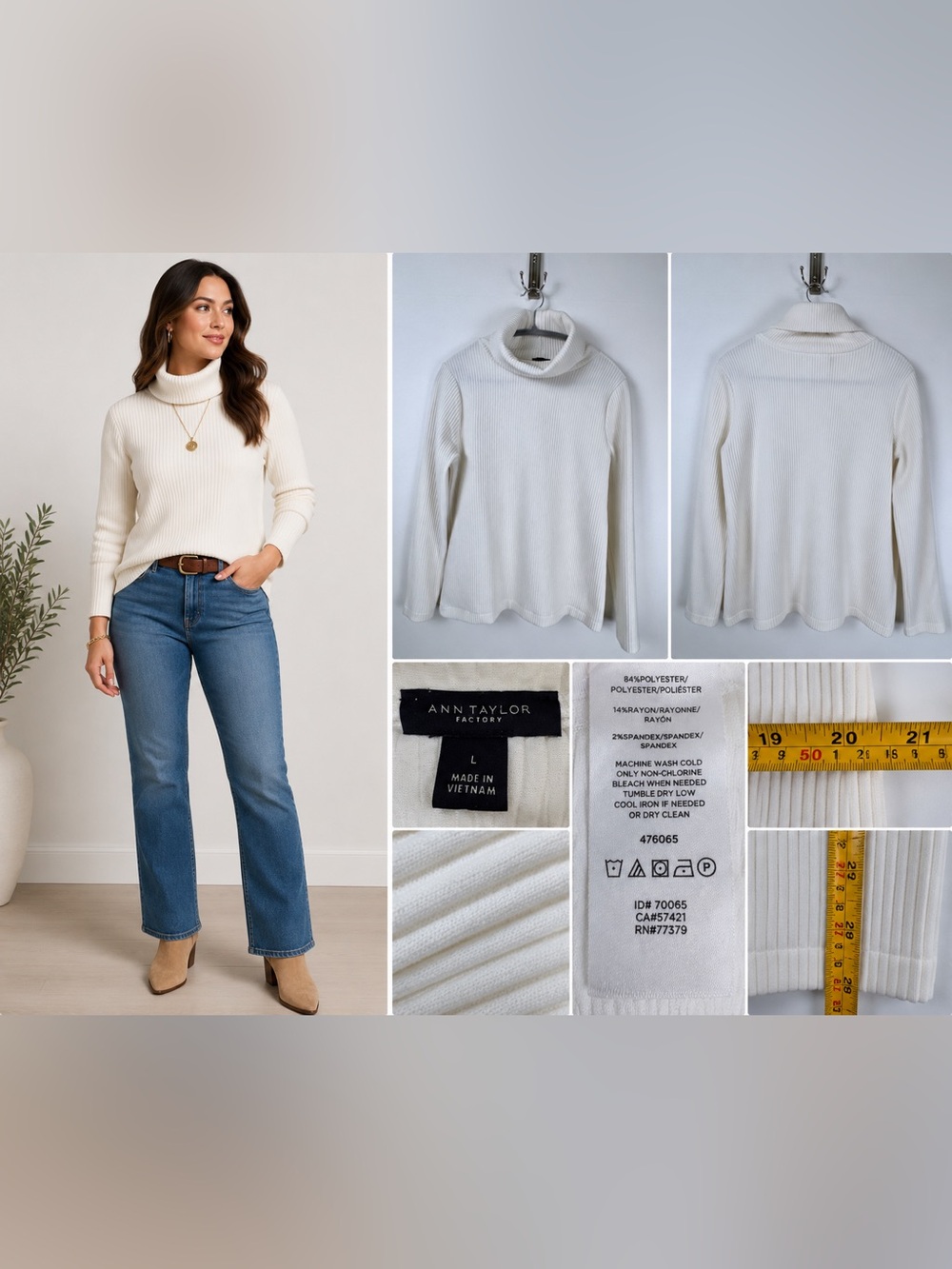 Ann Taylor Factory Ribbed Turtleneck Sweater Sz L Ivory Long Sleeve Stretch Knit
